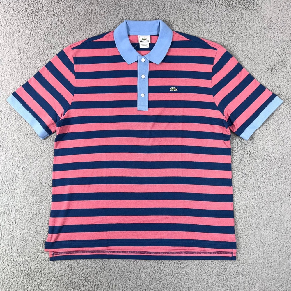 Lacoste Polo Shirt US Men XL (EU/L) Pink Navy Blue Striped Short Sleeve Cotton